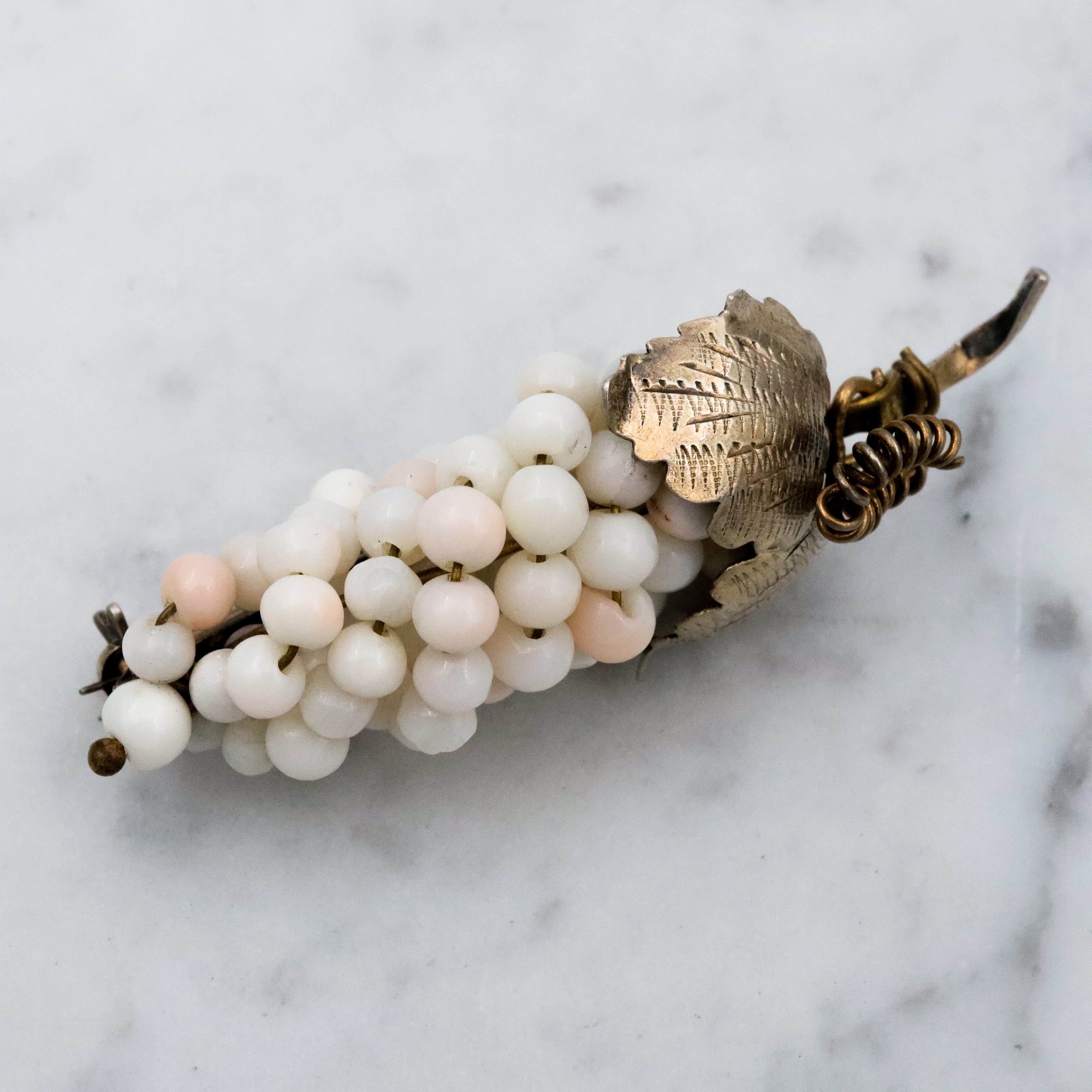 Antique .800 silver white angel skin coral bead grape bunch brooch